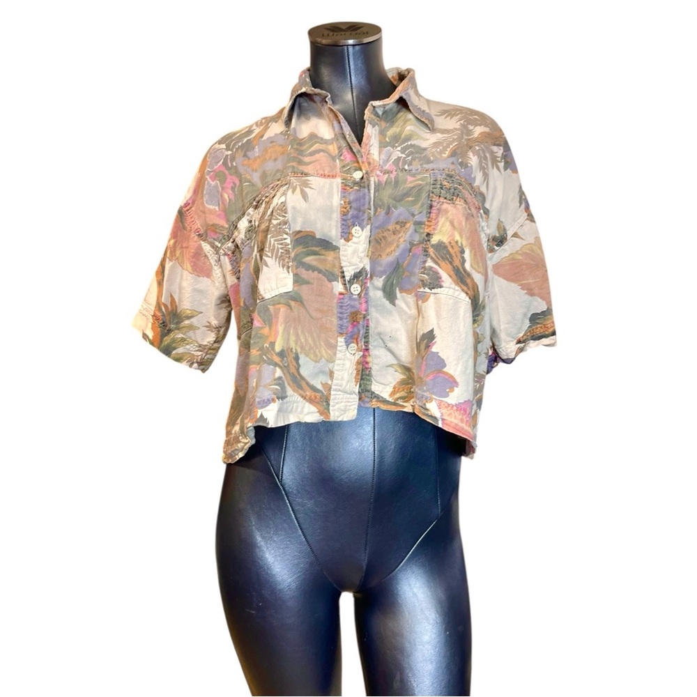 1990s Vintage Multicolor Tropical Hawaiian Floral Button Down Shirt Cropped Top